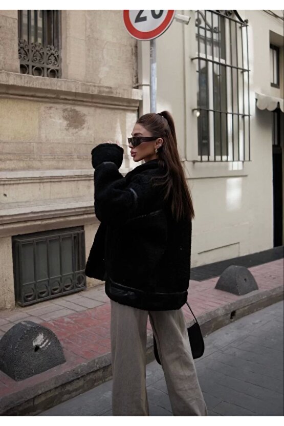 Cıt Cıt Detaylı Peluş Mont Ceket - Siyah