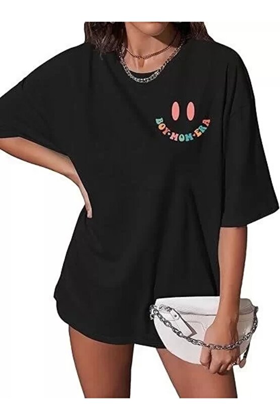 Kadın Bisiklet Yaka Kısa Kol Baskılı T-shirt - Siyah