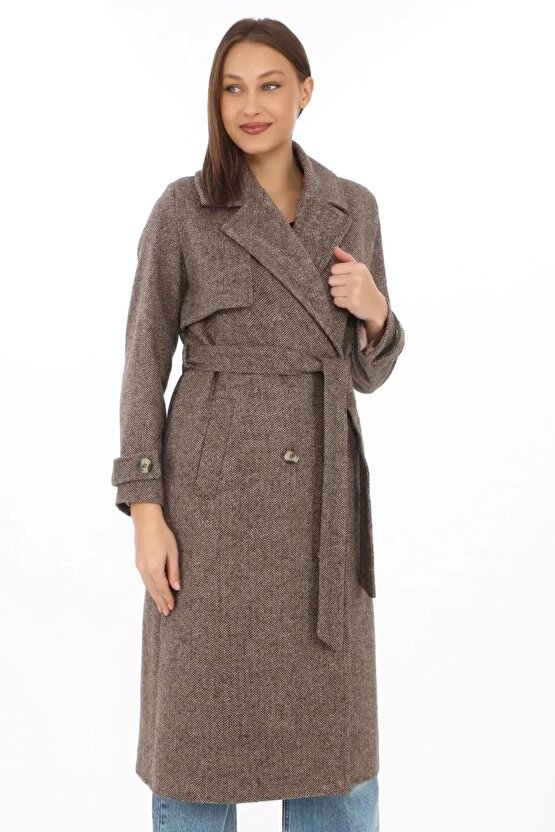 Kadın Balık Sırtı Kaşmir Uzun Kaşe Kaban - Vizon