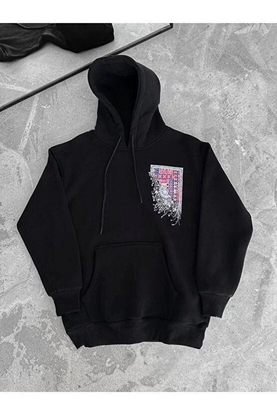 Uzun Kol Kapüşonlu Ön Ve Arka Baskılı SweatShirt - Siyah