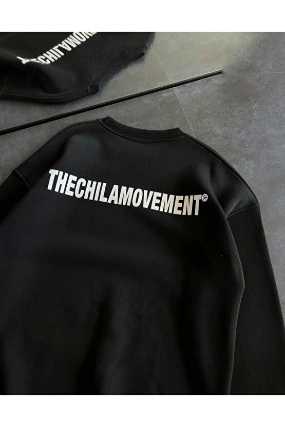 Turega Style Kışlık Bisiklet Yaka Oversize Baskılı SweatShirt - Siyah