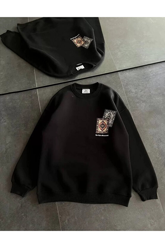 Kadın Bisiklet Yaka Baskılı SweatShirt - Siyah