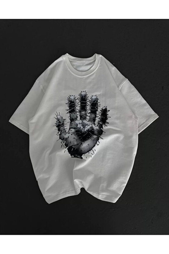 Unisex Bisiklet Yaka Baskılı Oversize T-Shirt - Beyaz