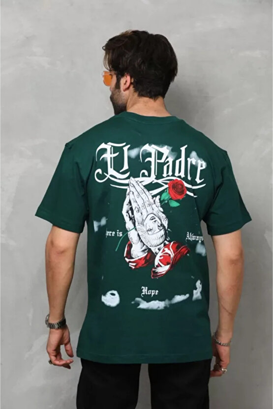 eyesof Unisex Bisiklet Yaka Baskılı Oversize T-Shirt - Yeşil