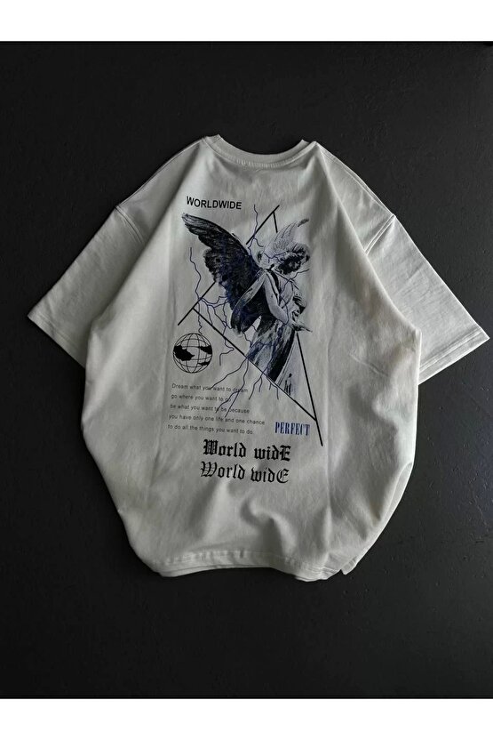 Unisex Bisiklet Yaka Baskılı Oversize T-Shirt - Beyaz