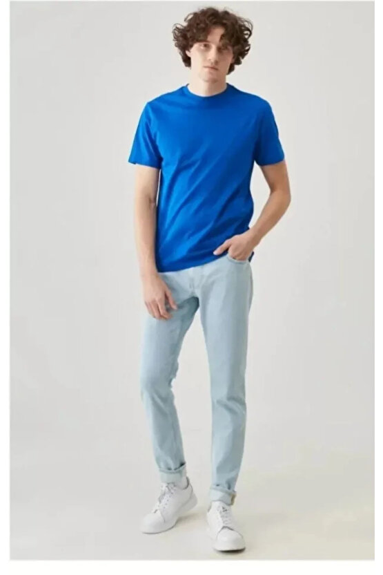 eyesof Unisex Düz Biskilet Yaka Oversize T-shirt - Mavi