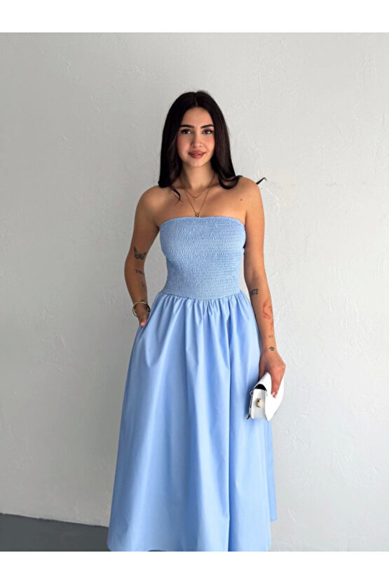 Straplez Pileli Elbise - Açık Mavi