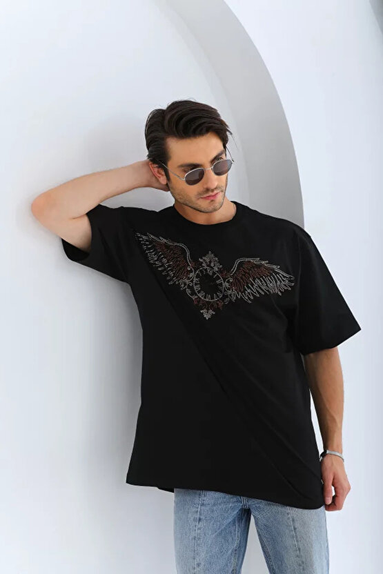 Gökyüzü Moda Unisex Oversize Taşlı Bisiklet Yaka T-Shirt - Siyah