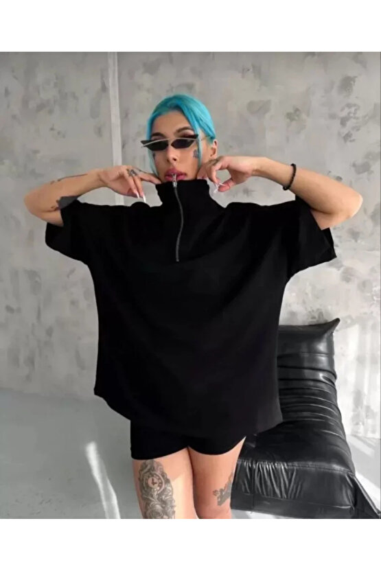 Gökyüzü Moda Unisex Yarım Fermuarlı Düz Oversize T-Shirt - Siyah