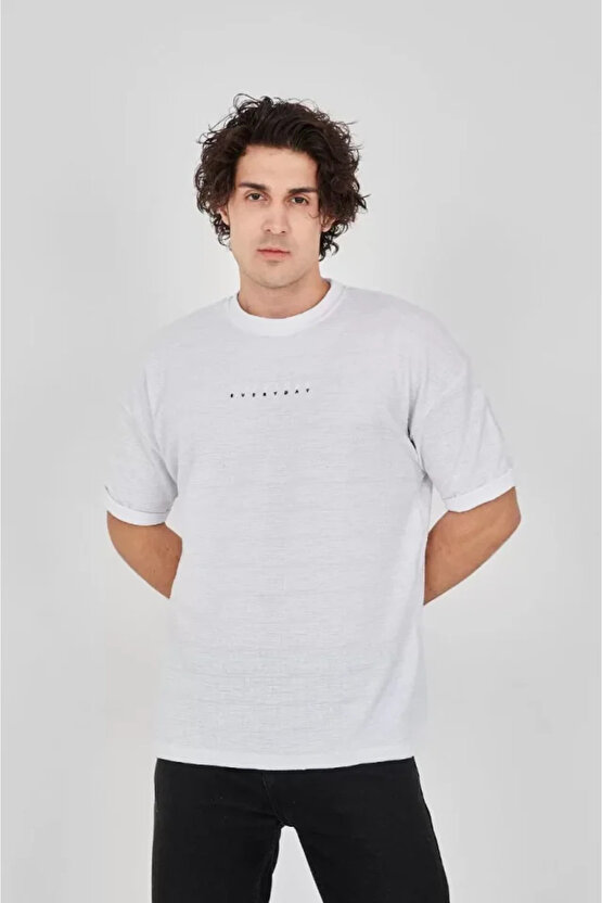 Gökyüzü Moda Unisex Jakar Kumaş Rahat Kol T-Shirt - Beyaz