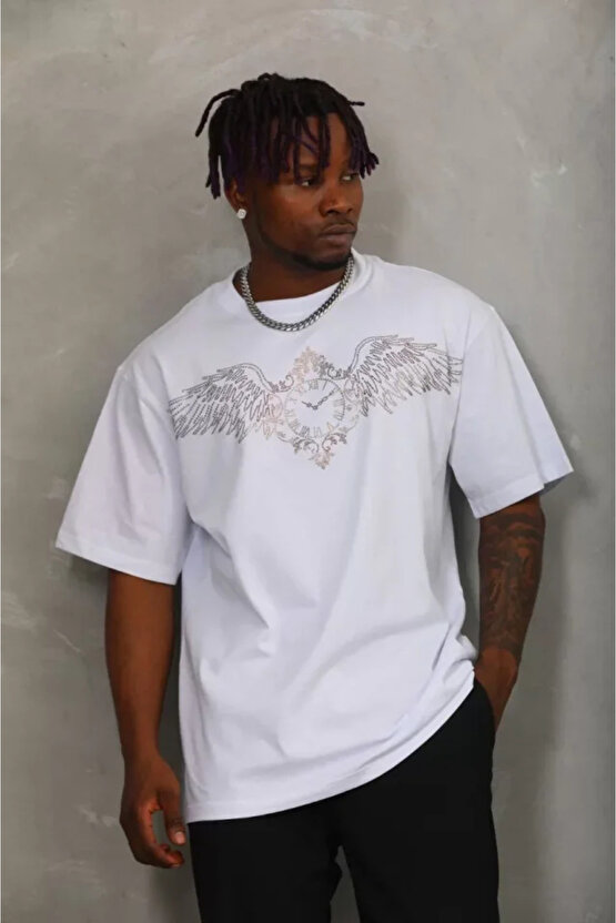 Gökyüzü Moda Unisex Oversize Taşlı Bisiklet Yaka T-Shirt - Beyaz