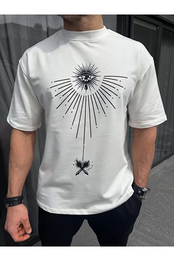 Unisex Bisiklet Yaka Baskılı Oversize T-Shirt - Beyaz