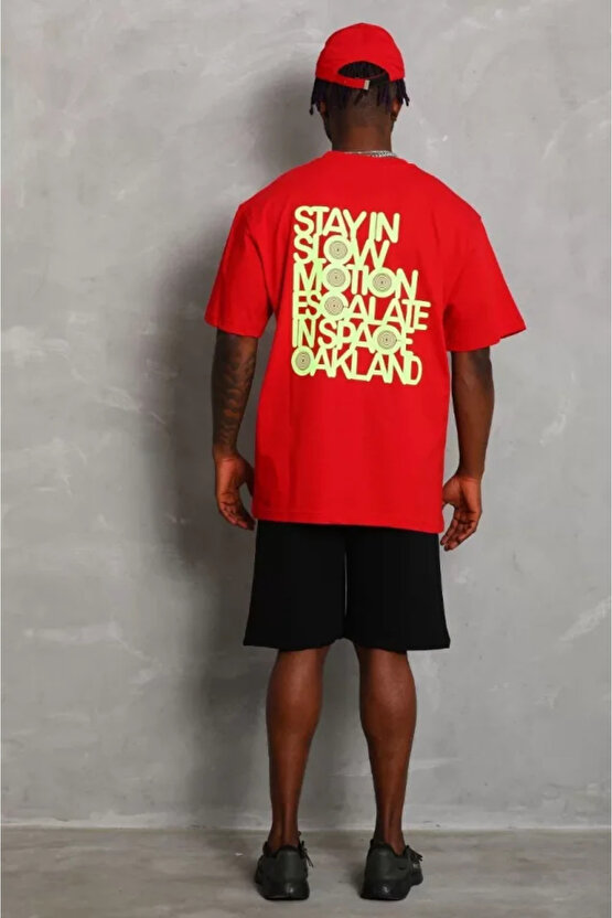 Gökyüzü Moda Unisex Oversize Baskılı Bisiklet Yaka T-Shirt - Kırmızı