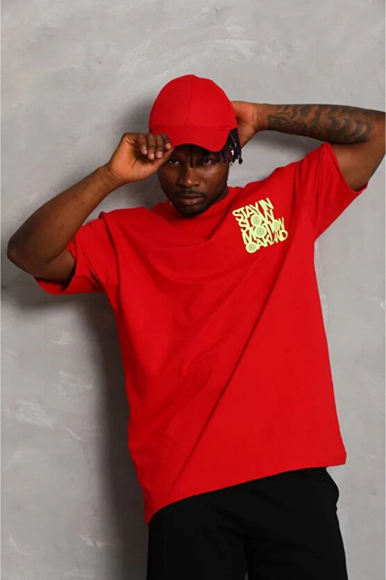 Gökyüzü Moda Unisex Oversize Baskılı Bisiklet Yaka T-Shirt - Kırmızı