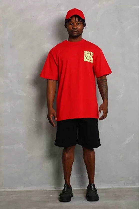 Gökyüzü Moda Unisex Oversize Baskılı Bisiklet Yaka T-Shirt - Kırmızı