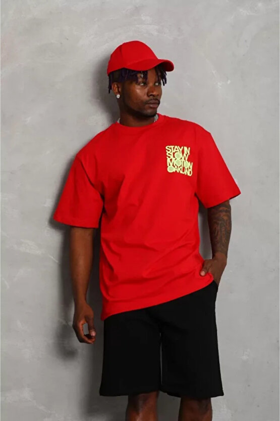 Gökyüzü Moda Unisex Oversize Baskılı Bisiklet Yaka T-Shirt - Kırmızı