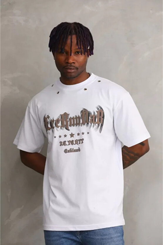 eyesof Unisex Kuşgözü Detaylı Baskılı Oversize T-Shirt - Beyaz