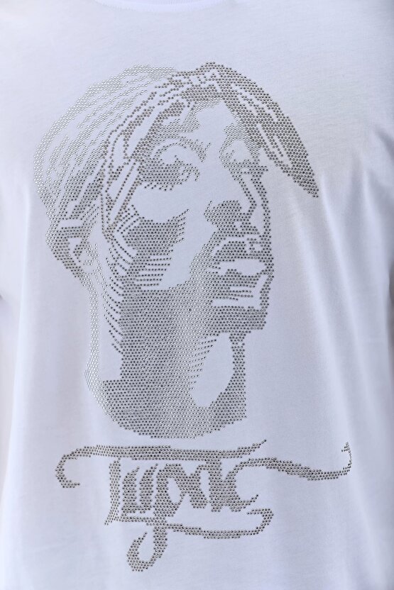 Unisex Oversize Taşlı Bisiklet Yaka T-Shirt - Beyaz