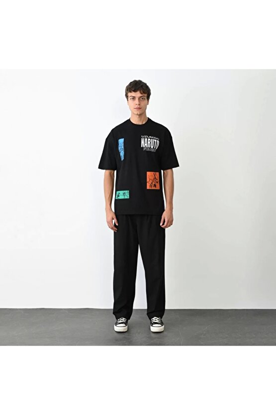 Unisex Bisiklet Yaka Baskılı Oversize T-Shirt - Siyah