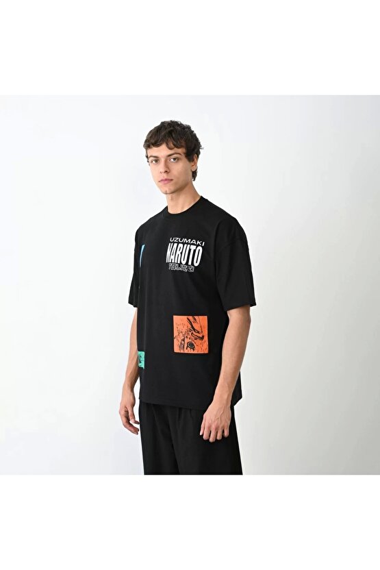 Unisex Bisiklet Yaka Baskılı Oversize T-Shirt - Siyah