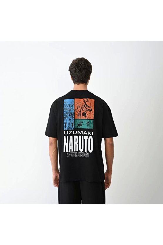 Unisex Bisiklet Yaka Baskılı Oversize T-Shirt - Siyah