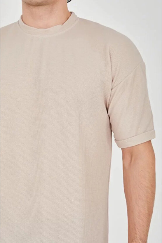 eyesof Unisex Waffle Kumaş Rahat Kol T-Shirt - Bej