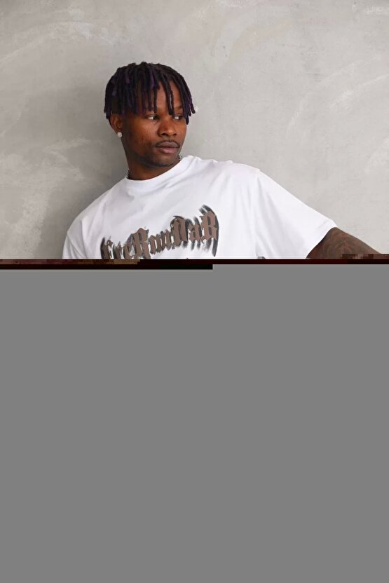 Unisex Oversize Baskılı Bisiklet Yaka T-Shirt - Beyaz