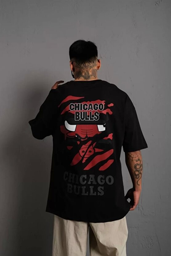 Erkek Sırt Baskılı A Kalite Oversize T-shirt - Siyah