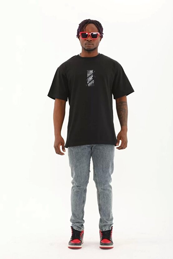 Unisex Oversize Baskılı Bisiklet Yaka T-Shirt - Siyah