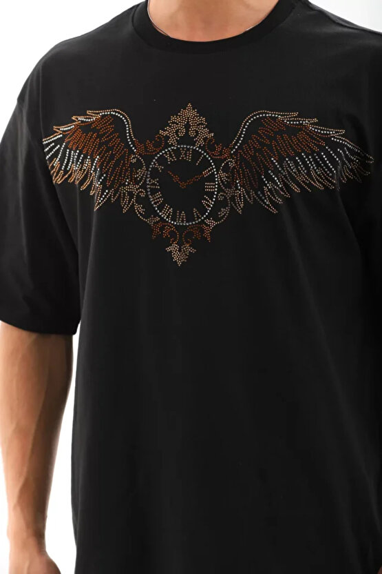 Gökyüzü Moda Unisex Oversize Taşlı Bisiklet Yaka T-Shirt - Siyah