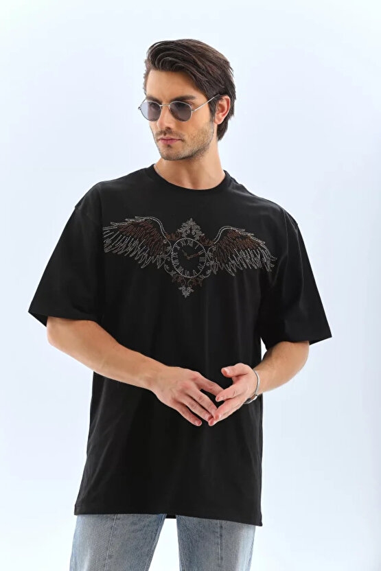 Gökyüzü Moda Unisex Oversize Taşlı Bisiklet Yaka T-Shirt - Siyah