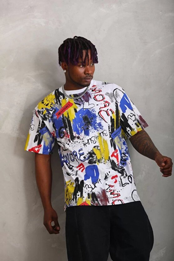 Unisex Oversize Baskılı Bisiklet Yaka T-Shirt - Beyaz