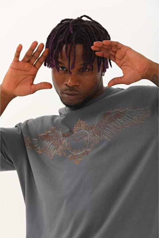 eyesof Unisex Oversize Taşlı Bisiklet Yaka T-Shirt - Füme