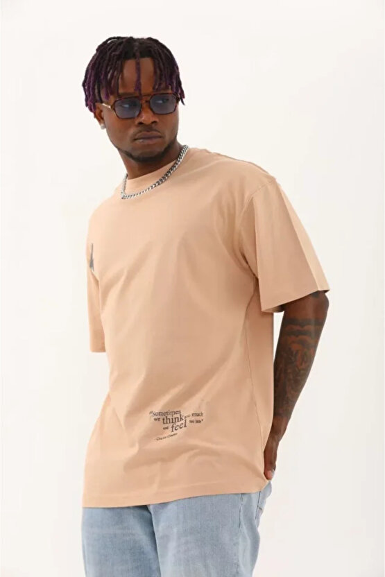 Gökyüzü Moda Unisex Oversize Baskılı Bisiklet Yaka T-Shirt - Bej