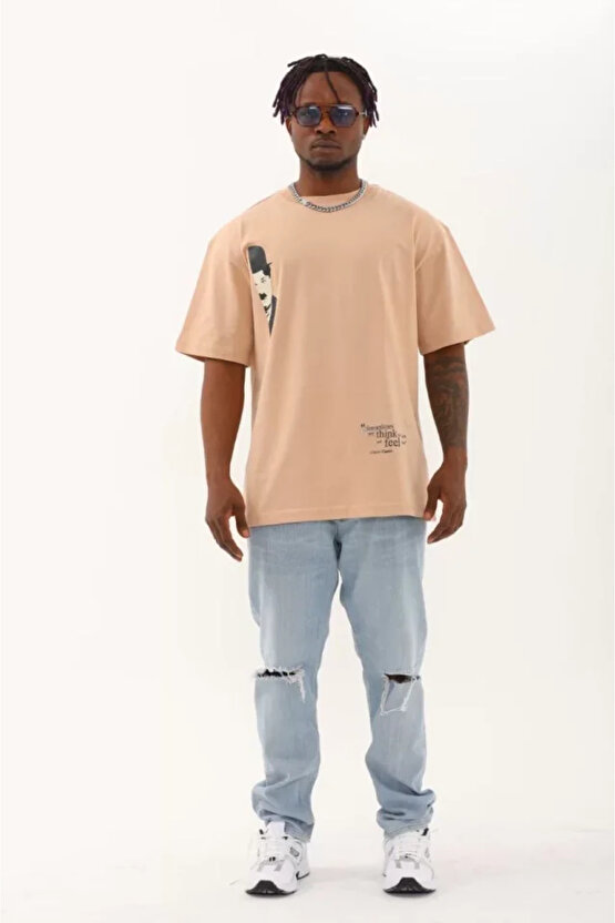 Gökyüzü Moda Unisex Oversize Baskılı Bisiklet Yaka T-Shirt - Bej