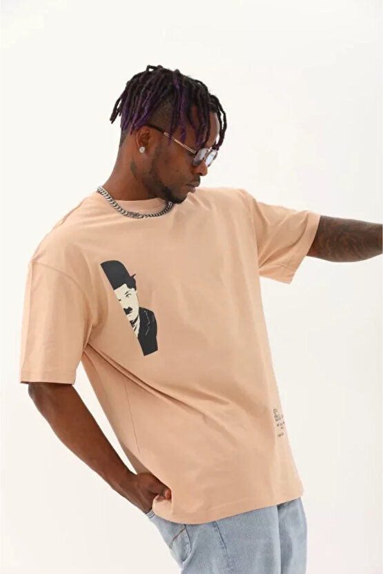 Gökyüzü Moda Unisex Oversize Baskılı Bisiklet Yaka T-Shirt - Bej