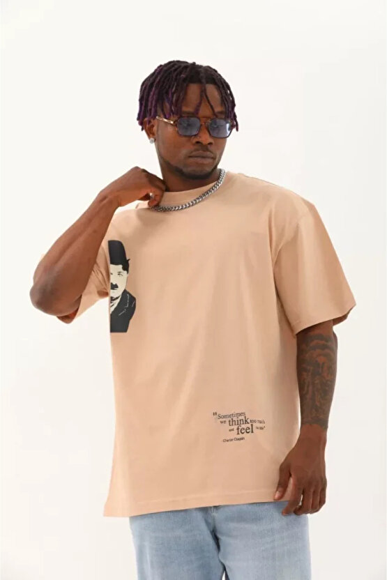 Gökyüzü Moda Unisex Oversize Baskılı Bisiklet Yaka T-Shirt - Bej