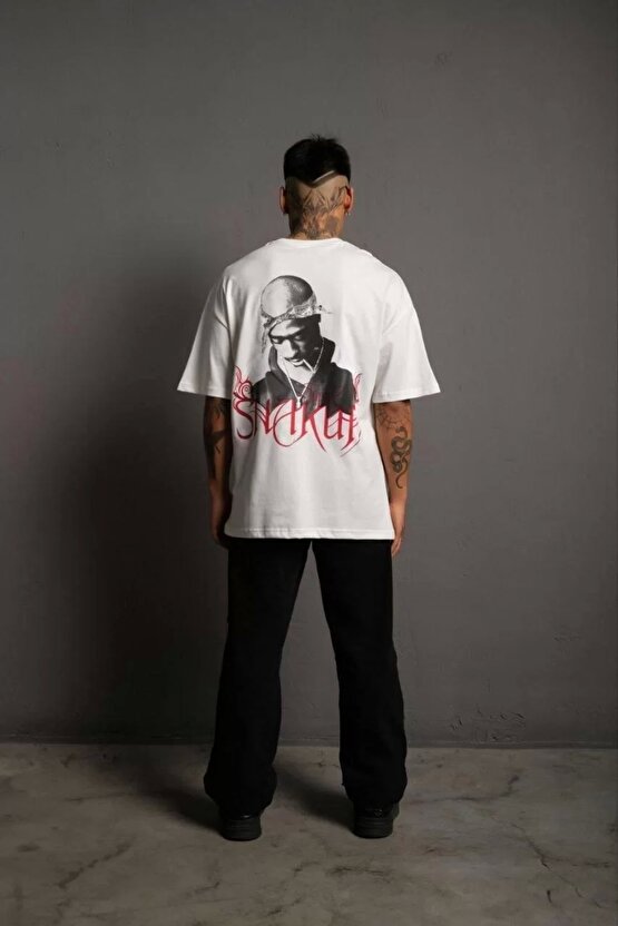 Erkek Oversize Tişört – Beyaz 241 Penye Kumaş, Bisiklet Yaka, Ön & Arka Baskılı, Streetwear Tarzı R