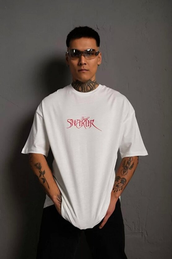 Erkek Oversize Tişört – Beyaz 241 Penye Kumaş, Bisiklet Yaka, Ön & Arka Baskılı, Streetwear Tarzı R