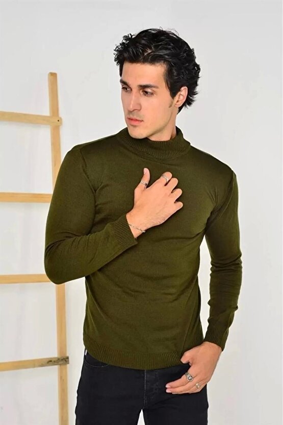 Velmora Tam Balıkçı Yaka Düz Renk Kazak - Yeşil -VLMR