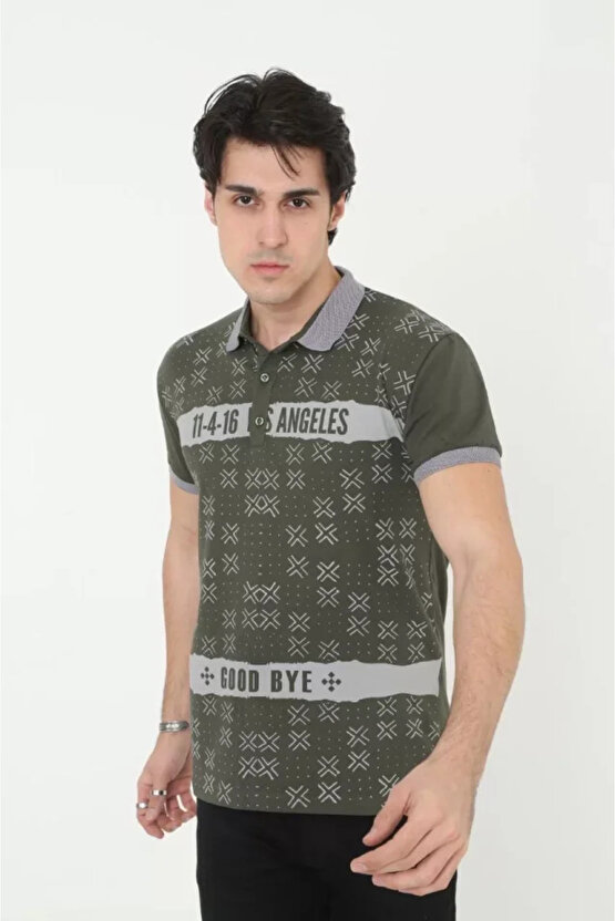 eyesof Erkek Yakalı Slim Fit Baskılı T-Shirt - Haki