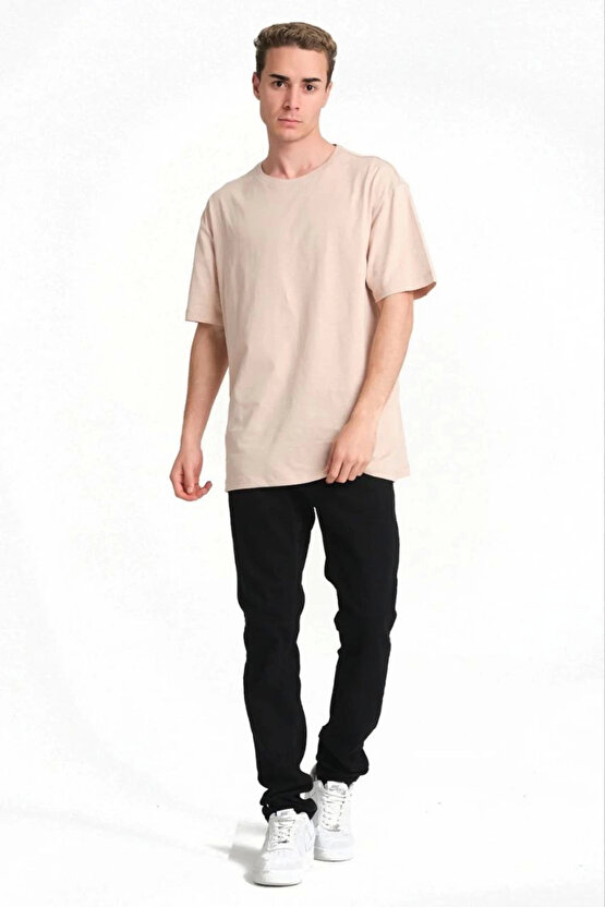 Erkek 241 Düz A Kalite Oversize T-shirt - Bej