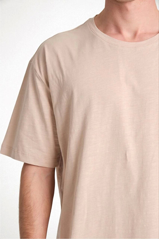 Erkek 241 Düz A Kalite Oversize T-shirt - Bej