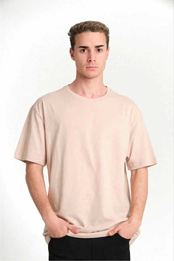 Erkek 241 Düz A Kalite Oversize T-shirt - Bej