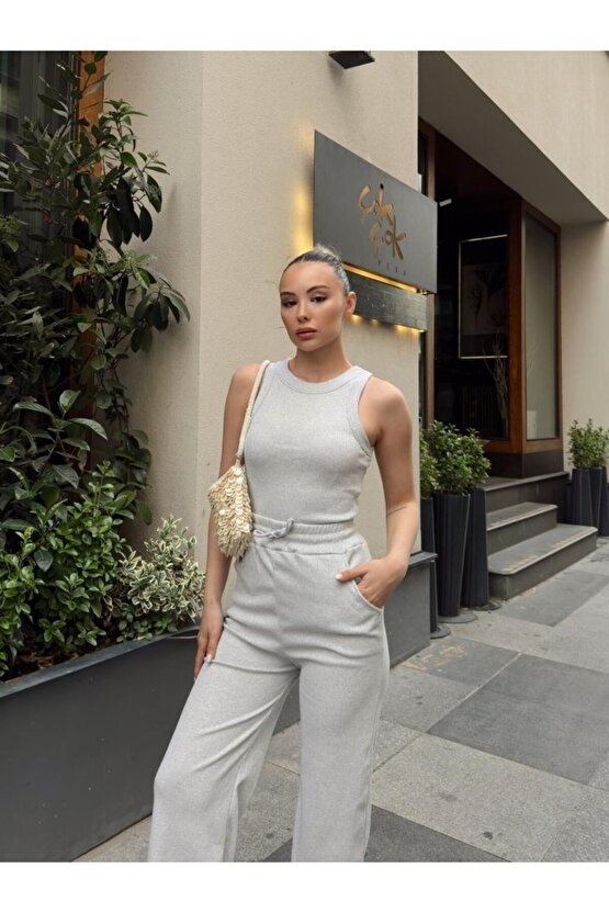 Gökyüzü Moda Kadın Kaşkorse Kumaş Atlet Ve Yüksek Bel Bol Paça Pantolon Ikili Takım