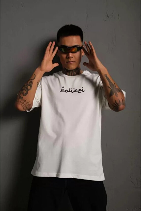 eyesof Erkek Bisiklet Yakalı Sırt Baskılı Oversize T-Shirt - Beyaz