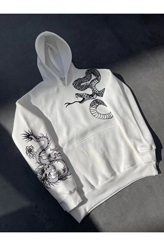 Uzun Kol Kapüşonlu Baskılı SweatShirt - Beyaz