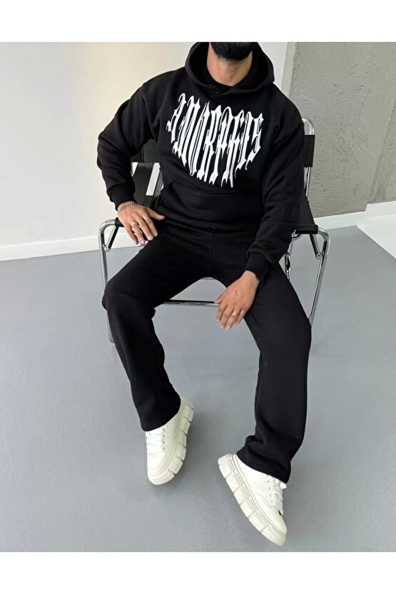 Uzun Kol Kapüşonlu Baskılı SweatShirt - Siyah