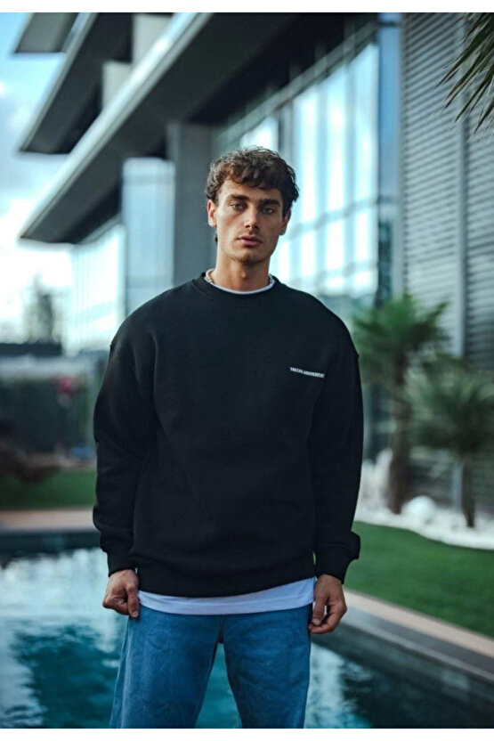 Kışlık Bisiklet Yaka Oversize Baskılı SweatShirt - Siyah