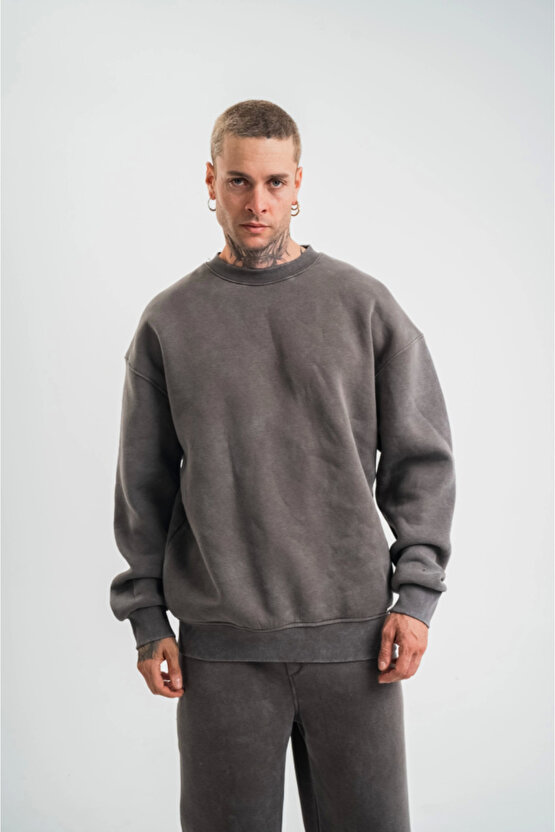 eyesof Unisex Uzun Kol Bisiklet Yaka Yıkamalı SweatShirt - Füme